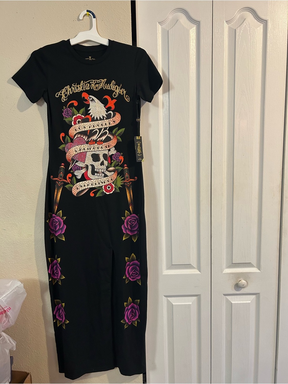 Christian Audigier Black Maxi Dress with Skull, Snake & Purple Rose Motif